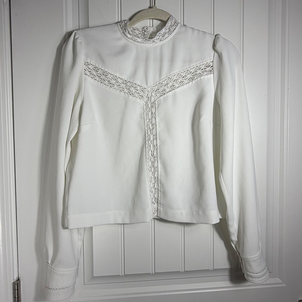 Wilfred Aritzia White Lace Inset Mock Neck Blouse Long Sleeve Size M 70390